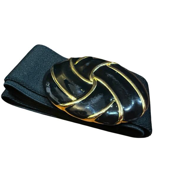 Vintage Day-Lor Belt | 1980s Stretch Cinch Belt with Swirled Black & Gold Buckle - Picture 2 of 16